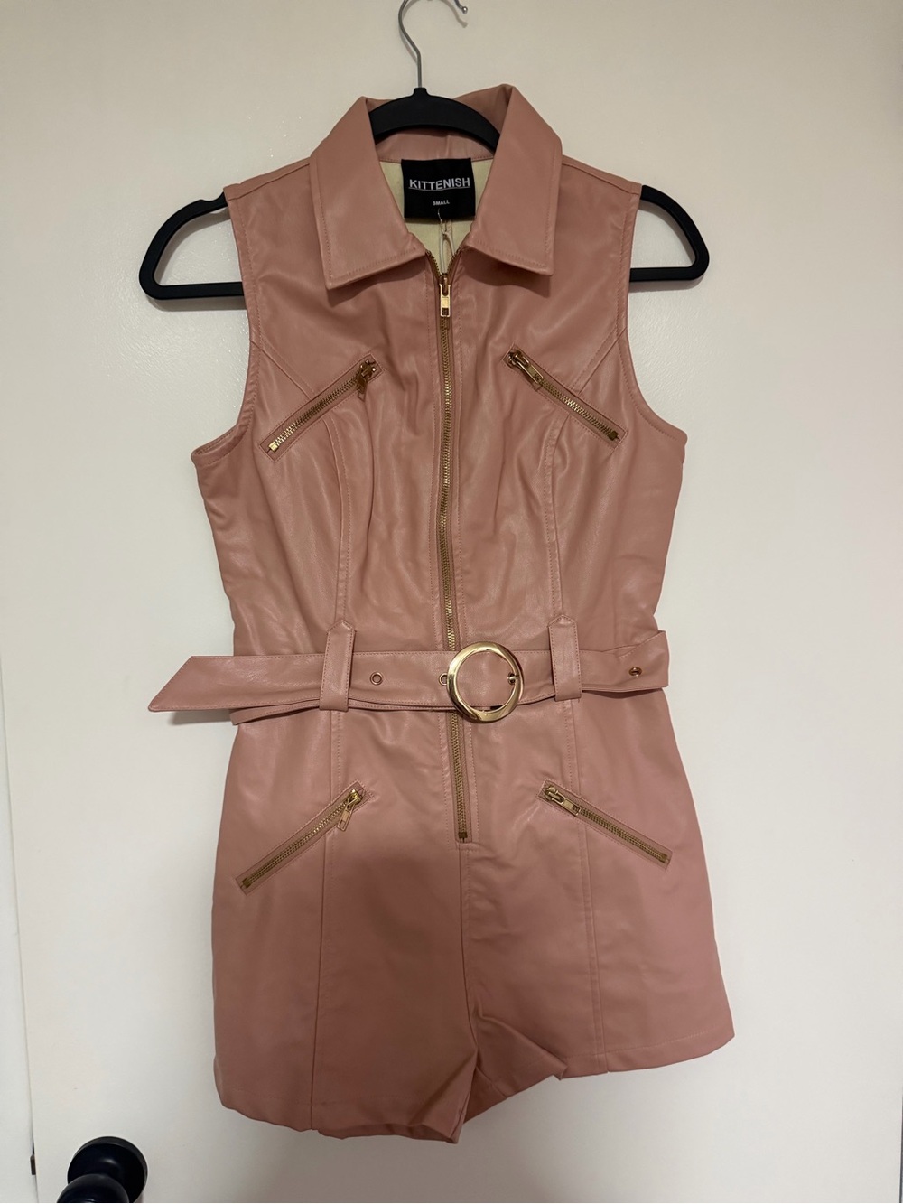 KITTENISH Blush Pink Faux Leather Sleeveless Romper with Gold Hardware